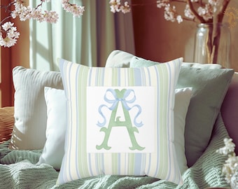 Striped Monogram Pillow, Custom Monogram Coquette Bow Pillow, Custom Mom Pillow, Personalized Name Grandma Pillow, Vintage Nursery Gift