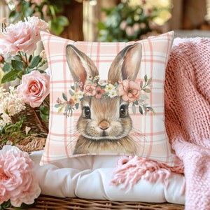 Pink Plaid Spring Bunny Throw Pillow, Sweet Decorative Gift For Easter, Vintage Inspired Rabbit Throw Pillow, Cottagecore Bunny Accent