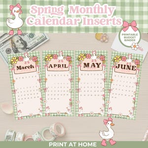 May include: Spring monthly calendar inserts with a cute duck theme. The inserts include the months of March, April, May, and June. Each calendar has a floral border and a duck illustration. The background is a green and white checkered pattern. The text "Print at Home" is at the bottom.