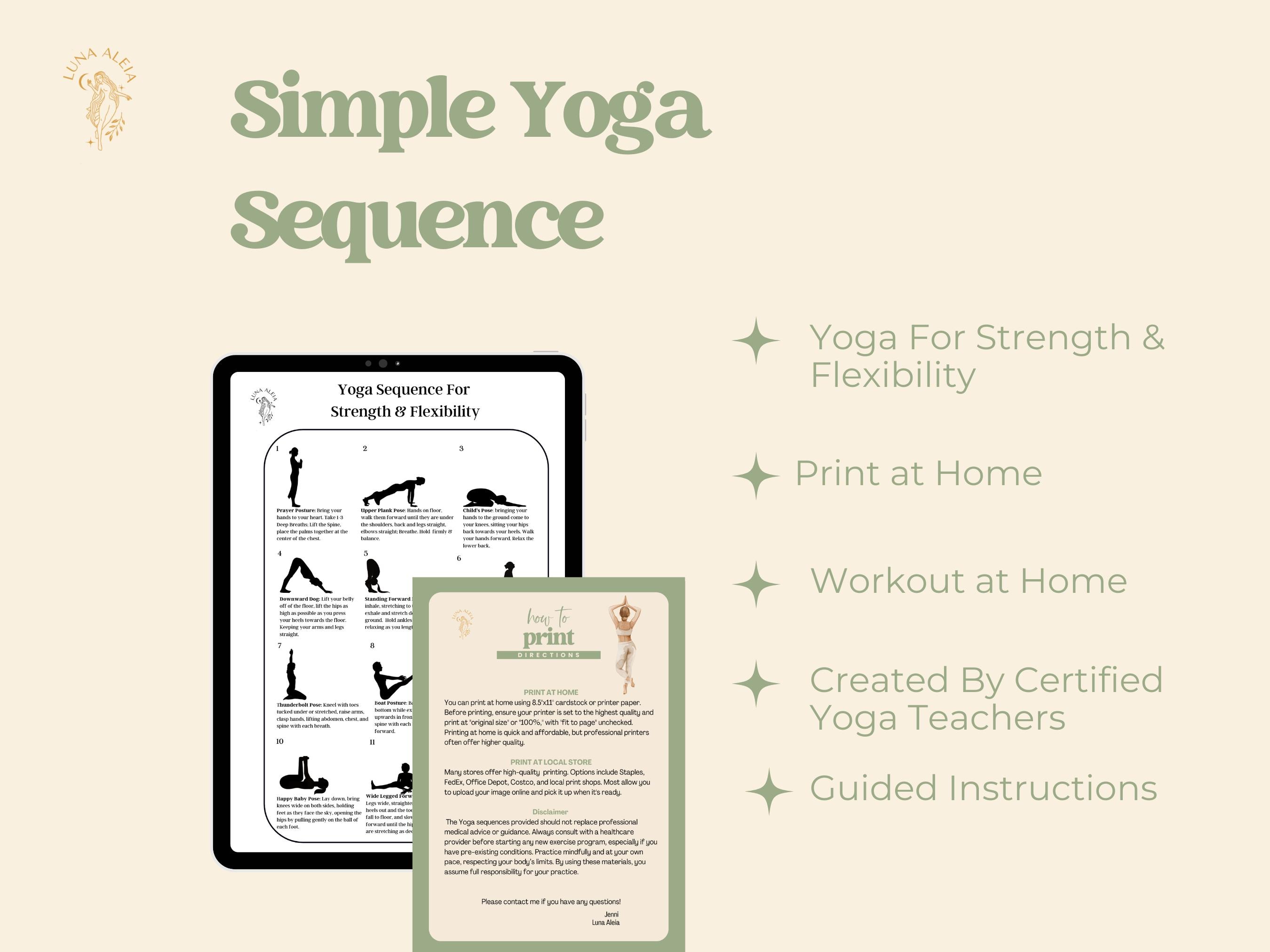Beginner Yoga Sequence for Strength &amp; Flexibility, Yoga Printable Guide, Yoga Routine for Busy ...