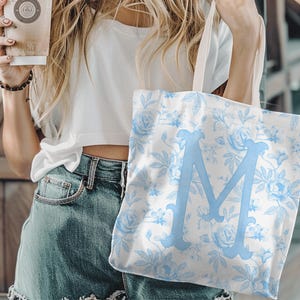 Monogram Toile Tote Bag: Personalized Blue Floral Print