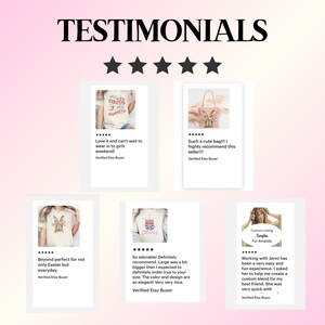 May include: Image showcasing Etsy testimonials with five-star ratings. The text includes phrases like "Love it and can't wait to wear," "Such a cute bag," and "So adorable!" The image features product photos and customer reviews.