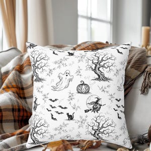 Black Toile Halloween Pillow, Vintage Toile Spooky Farmhouse Cushion,  Ghost Cottagecore Throw Pillow, , Black And White Plaid Fall Pillow