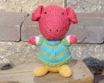 Piglet, Hand Knit Toy, Knitted Animal with Vest, Baby Toy, Farm Animal, Knitted Piggy, Animal with Clothes, Ready to Ship, Handmade in USA