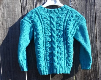 Hand Knitted Sweater, Winter  Knitted Sweater for Girl 2-3 Yrs, Cable Sweater, Light Turquoise Knit Pullover, Ready To Ship, All Handmade