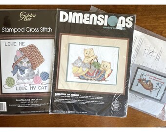 Set of 3 Cross Stitch Kits for Cats Kittens Lovers Embroidery Kits from 1980's