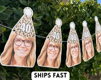 Custom Leopard Birthday Banner, Personalized Leopard Face Banner, Personalized 40th Birthday, 50th Birthday, Face Garland, Leopard Decor