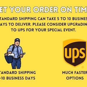 Get your order on time. Standard shipping can take 5-10 business days to deliver. Please consider upgrading to UPS for your special event. Standard shipping is 5-10 business days. UPS has much faster options.