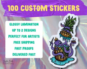 100 Custom Laminated Vinyl Stickers, Die Cut Stickers, Cut to Size Stickers, Ships Next Day, FAST SHIPPING, Free Proof Before Printing