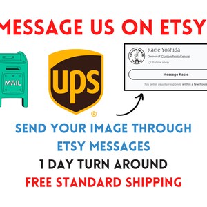 Message us on Etsy. Send your message through etsy messages. We offer 1 day turnaround and free standard shipping.