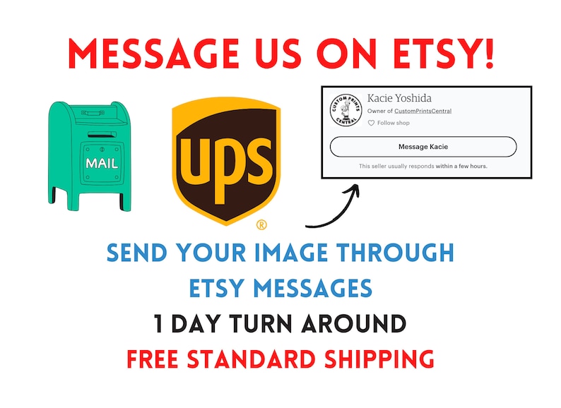 Message us on Etsy. Send your message through etsy messages. We offer 1 day turnaround and free standard shipping.