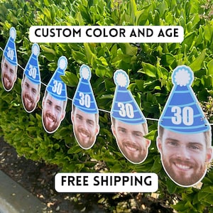 Custom Face Banner, Birthday Banner, 30th Birthday, 40th Birthday, 50th Birthday, Big Face Cut Out, Face Banner, Birthday Hat, Face Garland