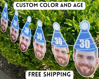 Custom Face Banner, Birthday Banner, 30th Birthday, 40th Birthday, 50th Birthday, Big Face Cut Out, Face Banner, Birthday Hat, Face Garland