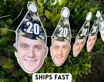 Custom Military Birthday Banner, Personalized Army Face Banner, Personalized 20th Birthday, 21st Birthday, Face Garland, Military Decor