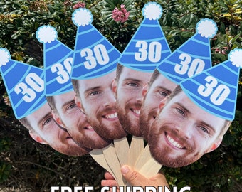 Custom Birthday Party Big Heads: Face on a Stick with Party Hat