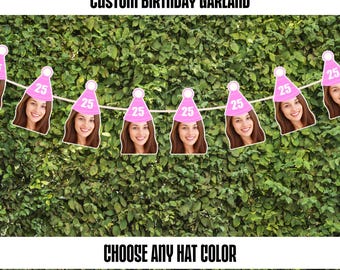 Personalized 25th Birthday Garland with Pink Birthday Hat and Any Age