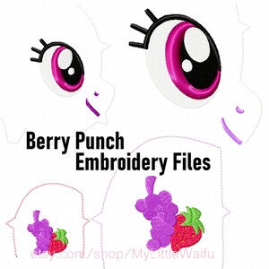 Peut inclure: Fichiers de broderie pour un poney de dessin animé avec un motif de raisin violet et de fraise rouge. Le motif s'appelle "Berry Punch".