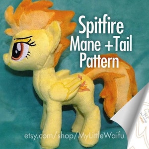 May include: A yellow plush toy of Spitfire from My Little Pony, with orange hair and a tail. The toy is standing on a blue surface. The image also includes a pattern for making a plush toy of Spitfire's mane and tail.