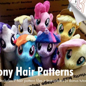 DIY Pony Plush - Mane/Tail Sewing Pattern SET of 7 (Twilight Sparkle, Pinkie Pie, Rainbow Dash, Applejack, Rarity, Fluttershy, Derpy)