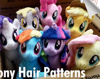 DIY Pony Plush - Mane/Tail Sewing Pattern SET of 7 (Twilight Sparkle, Pinkie Pie, Rainbow Dash, Applejack, Rarity, Fluttershy, Derpy)