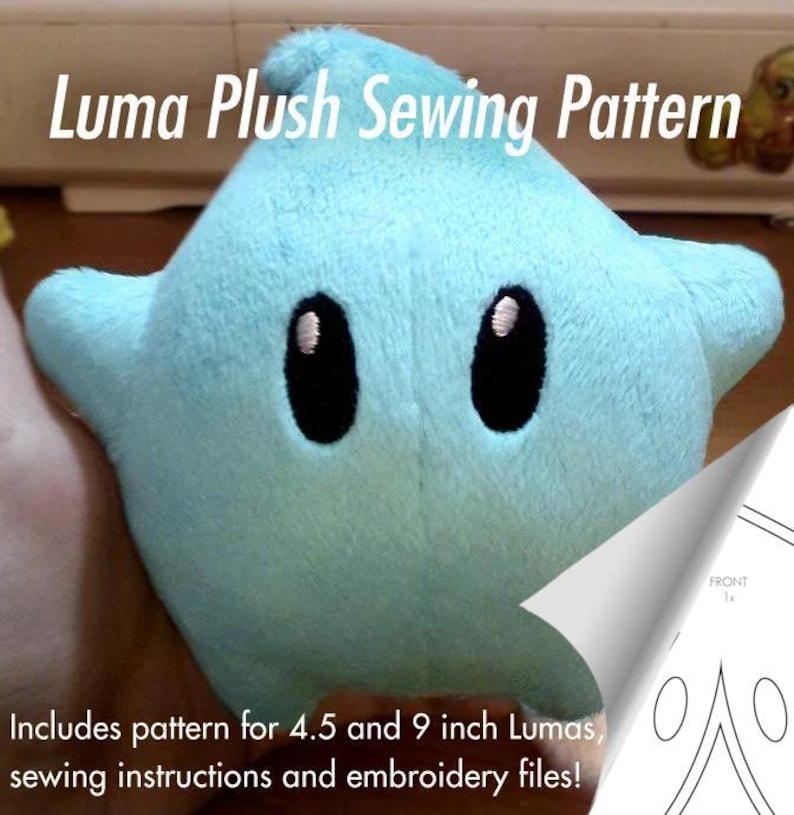 May include: A light blue plush toy shaped like a star with two black eyes. The toy is a sewing pattern for a Luma character from the Super Mario franchise. The pattern includes instructions for making two sizes: 4.5 and 9 inches.