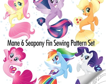 May include: A set of six My Little Pony seapony fin sewing patterns. The patterns are for the Mane 6 ponies: Twilight Sparkle, Pinkie Pie, Rainbow Dash, Fluttershy, Applejack, and Rarity. Each pattern features a different color and design, with the ponies' signature colors and markings.