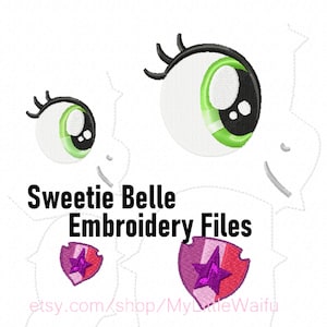 Puede incluir: Archivos de bordado para Sweetie Belle, un personaje de My Little Pony. La imagen muestra dos ojos verdes con pestañas negras y un escudo rosa y rojo con una estrella morada.