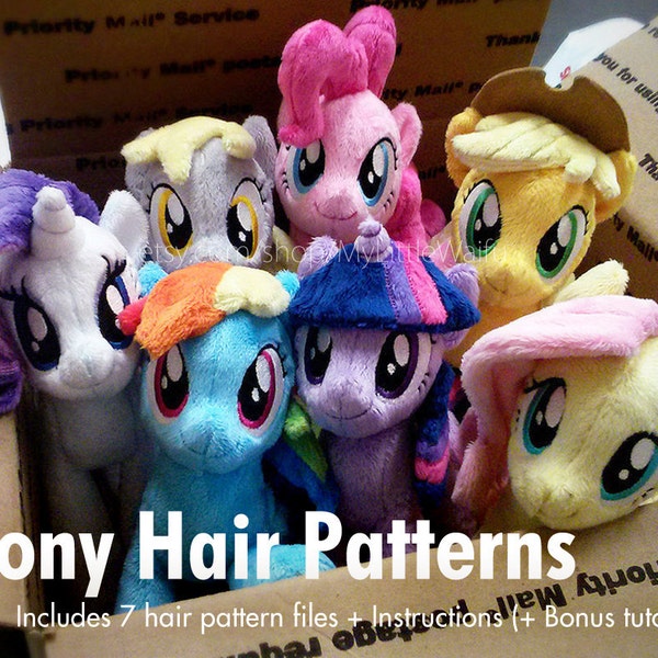 DIY Pony Plush - Mane/Tail Sewing Pattern SET of 7 (Twilight Sparkle, Pinkie Pie, Rainbow Dash, Applejack, Rarity, Fluttershy, Derpy)