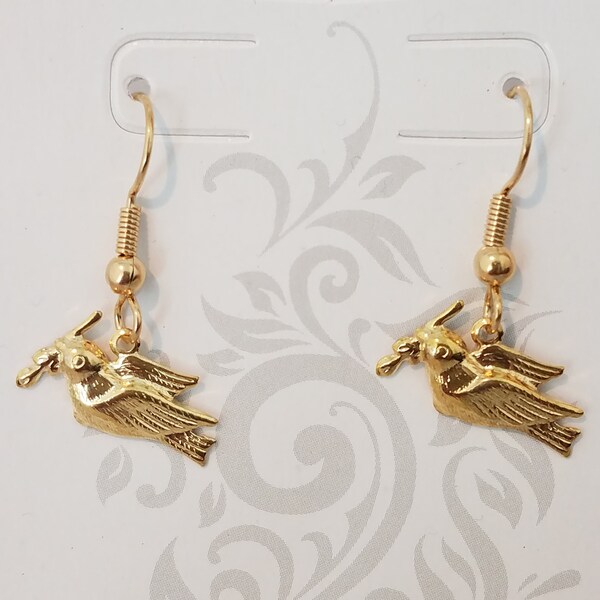 Earrings, Earrings Dangle, Gold Doves with Olive Branch Dangle Earrings