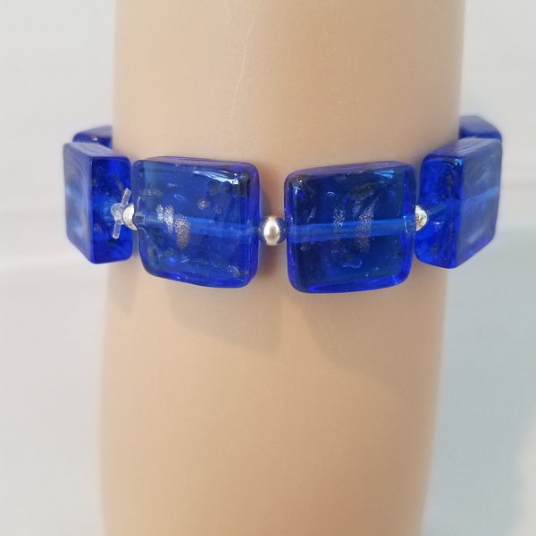 Bracelet, Bracelet Women, Blue Dichroic Glass and Silver Beaded Bracelet on Stretch Cord