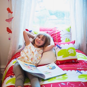 Organic cotton fabric by the yard, extra-wide - Water lily red for girls