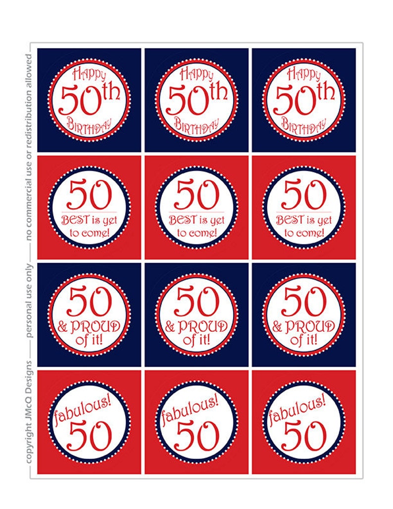 Printable 50th Birthday Cupcake Toppers - Fiftieth BD Party Red White ...