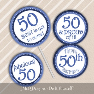 Toppers cupcake stampabili per il cinquantesimo compleanno - Fiftieth BD Party Blue - Download digitale istantaneo