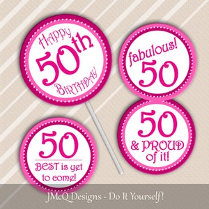 Printable 50th Birthday Cupcake Toppers - Fiftieth BD Party Hot Pink - Instant Digital Download