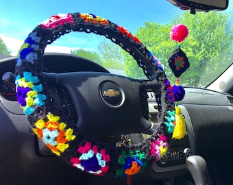 Set of Bohemian hippie car gear, a steering wheel cover, gear shift and car tassel, great for you, great gift for your favorite hippies