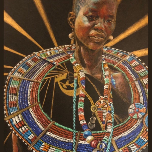 Masai woman, Colored pencil, designed by a Black Woman artist, 100 ltd edition hand signed prints, 12x18, 9x12, 4x6 note cards and envelopes