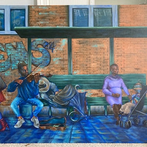 Bus Stop Blues, an original painting created by a Black woman aka TheScarvinArtist, limited edition hand signed prints available
