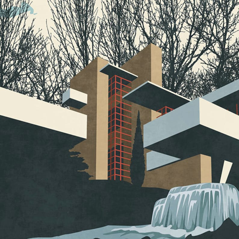 FallingWater Print. Frank Lloyd Wright. Architectural illustration. Famous architecture. Iconic Homes. Famous American Architect image 2
