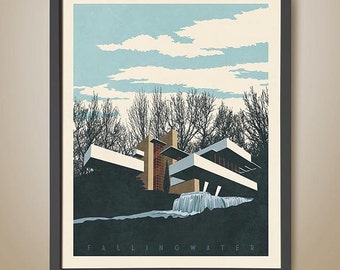 FallingWater Print. Frank Lloyd Wright. Architectural illustration. Famous architecture. Iconic Homes. Famous American Architect