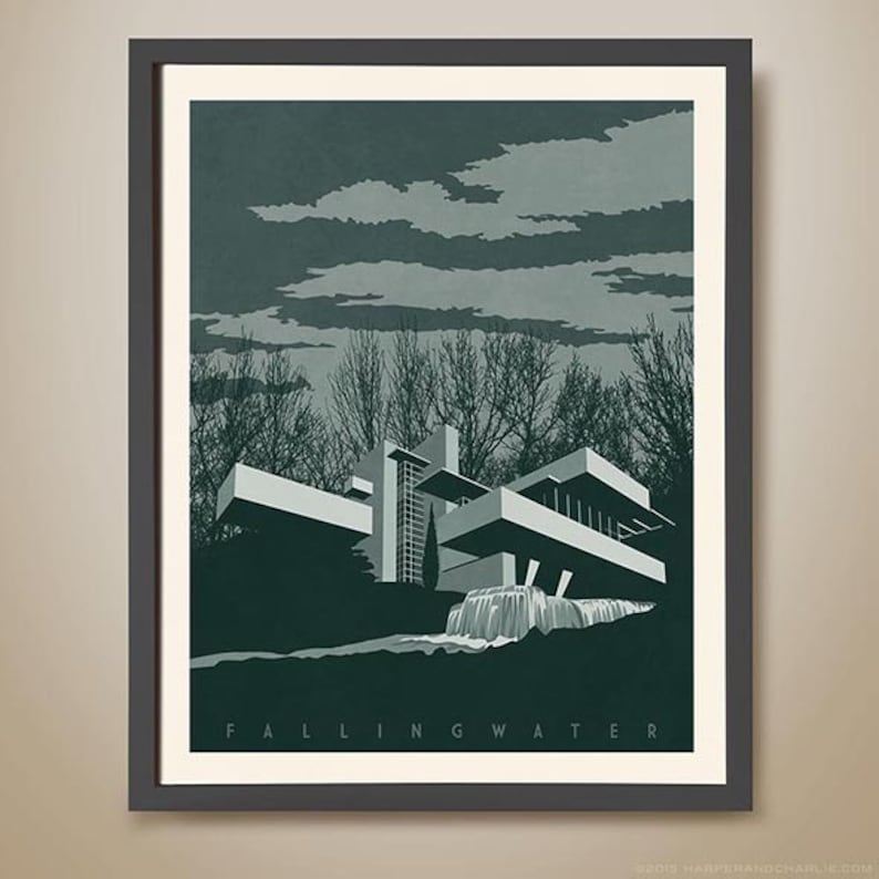 FallingWater Print. Frank Lloyd Wright. Architectural illustration. Famous architecture. Iconic Homes. Famous American Architect image 4