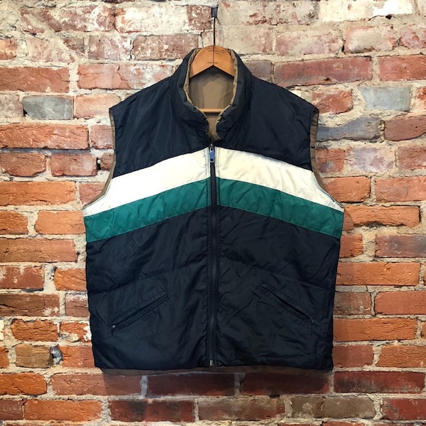 Vintage His/Hers Navy Blue, Green and White Khaki and Navy Blue Reversable Down Vest Reversable Puffy Vest Medium