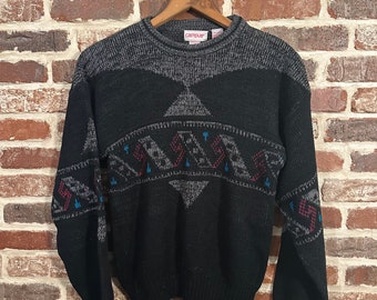 Vintage Campus Brand Sweater Black and Gray Aztec Sweater Medium