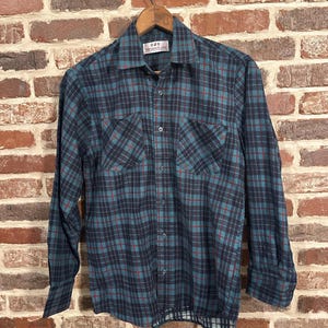 Vintage Teal and Navy Blue Flannel by Townsend & Lake Cotton Plaid Flannel Printed Flannel Size Small