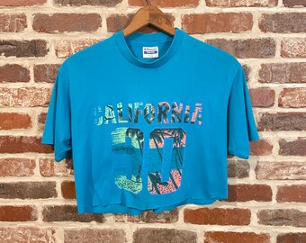 Vintage California 90 Teal Crop Cut T Shirt Belly Shirt Large