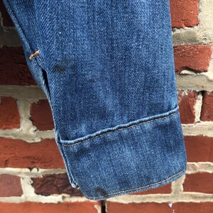May include: Close-up of the cuff of a blue denim jacket with a yellow stitch detail.
