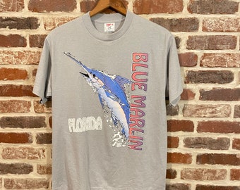 Vintage Blue Marlin Florida T Shirt Made in USA Fish T Shirt Large Puff Paint