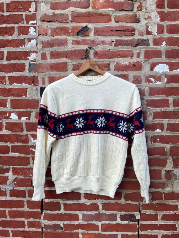 Vintage White Red and Navy Blue Ski Sweater Deer S