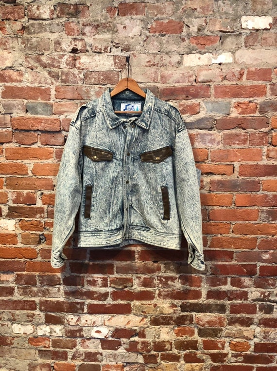 Vintage Acid Washed Denim Jacket with Brown Leathe