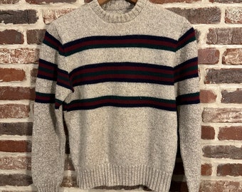 Vintage Tan/Cream Striped Sweater Unisex Small XSmall Hand Knit Handmade Sweater