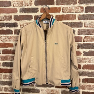 Vintage Izod Lacoste Jacket Tan with Teal and Navy Blue Stripes Size Medium